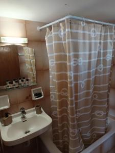 a bathroom with a sink and a shower curtain at ANATOLI ROOMS SERIFOs in Serifos Chora