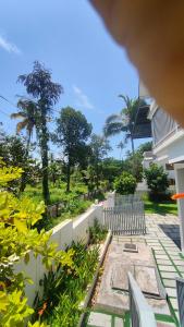 eine Reihe von Stühlen auf einer Terrasse mit Bäumen in der Unterkunft Nishwas homes in Kochi