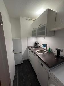 a small kitchen with a sink and white cabinets at Ecostay Al Porto in Münster +19 photos