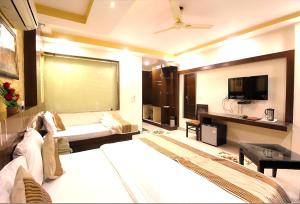 ニューデリーにあるPrime Hotel Stars View 'Near RK ashram metro' 5 min from New Delhi railway stationのベッドとテレビのある広い部屋