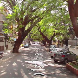a tree lined street with cars parked on the road at Cozy Corner in Bengaluru