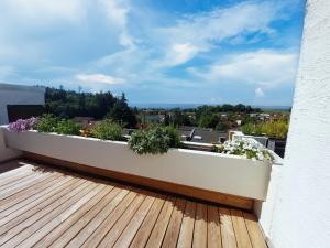 a balcony with a planter with flowers on it at Seeblick in Daisendorf