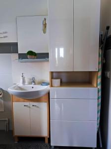 ein Badezimmer mit einem Waschbecken und einem weißen Schrank in der Unterkunft Cichy Zaułek Górki Wielkie in Górki Wielkie + 9 Fotos