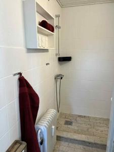 a bathroom with a shower with a towel and a radiator at Gravsgade 55 - Rolig gade i Hjertet af Ribe in Ribe +33 photos