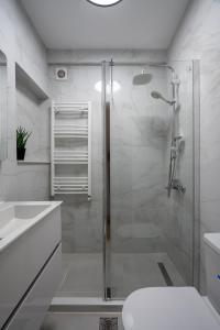 a bathroom with a shower with a toilet and a sink at Rossini King bed i BR Apartment in Bucharest +24 photos