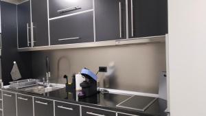a kitchen with black cabinets and a sink at Lela's home II in Knjazevac. +5 photos