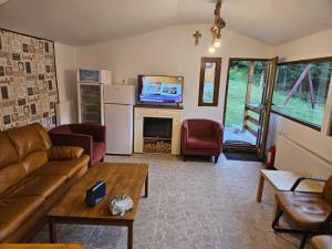 a living room with a couch and a tv at Undeva la Mosie in Podu Dîmboviţei