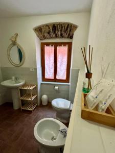 a bathroom with a sink and a toilet and a mirror at Bia Apartments Crò in Montemarcello