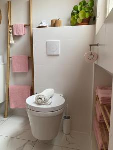 a bathroom with a white toilet and pink towels at Appartement Buissant des Amorie! in Castricum +25 photos