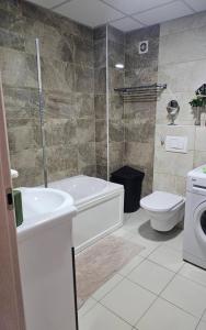 Un baño con bañera, inodoro y lavabo. en Ana Pjer Apartments, en Ohrid
