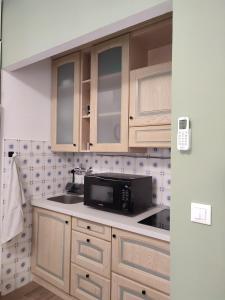 eine Küche mit Holzschränken und einer Mikrowelle in der Unterkunft Magic Home in Ceriale