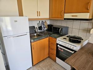 a kitchen with a white refrigerator and a stove top oven at Magafinis Apartment in Prinos