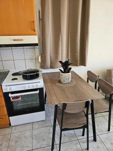 a kitchen with a table and a stove and a table and chairs at Magafinis Apartment in Prinos