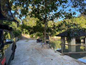 ein Auto, das neben einem Teich mit einem Baum geparkt ist in der Unterkunft Villa Airunika in Bandar Lampung + 4 Fotos