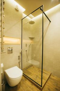a bathroom with a glass shower and a toilet at VODOGRAY LUXURY APARTMENTS Елітний закритий житловий комплекс in Chernivtsi +63 photos