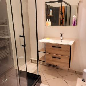 une salle de bain avec lavabo et douche dans l'établissement Appartement tout équipé 4 à 6 couchages au cœur de Beziers, à Béziers
