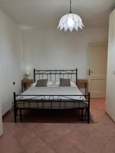 a bedroom with a large bed with a chandelier at Appartamento Corte Guercino in Cento