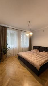 カウナスにあるCentral Kaunas Luxury Apartment with Free Parkingのベッドと大きな窓のある寝室