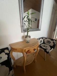 a table with a vase on it with a mirror at Best Habitaciones junto a Clinica Santa Fe in Bogotá