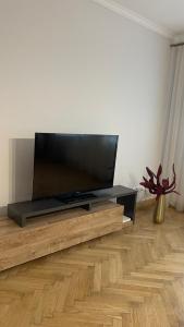 カウナスにあるCentral Kaunas Luxury Apartment with Free Parkingの木製エンターテイメントセンターの上に座って薄型テレビを設置