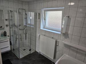 a bathroom with a shower and a sink at Haus an der Weser Ferienwohnung in Brevörde +21 photos