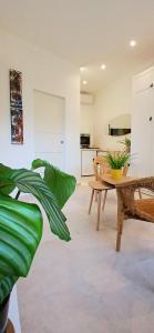 Una sala de estar con una mesa y una planta. en Studio port santa lucia, en Saint-Raphaël