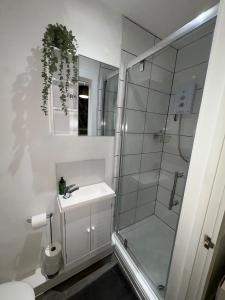 ein weißes Badezimmer mit Waschbecken und Dusche in der Unterkunft Cosy City Stay - Heart of Cardiff in Cardiff