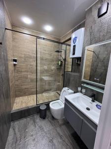 a bathroom with a shower and a toilet and a sink at Bukhara Penthouse in Bukhara +7 photos