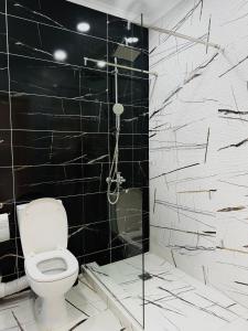 a black and white bathroom with a toilet and a shower at Blue Harmony Apartment in Chişinău
