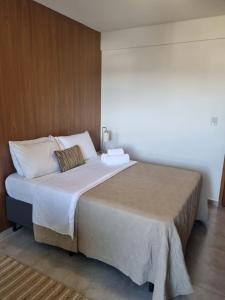 a bedroom with a large bed with white sheets at Studio novo com ambiente acolhedor in São João del Rei +38 photos