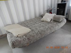 a couch with two pillows on it in a room at Spitzenkemenate in Burgneudorf