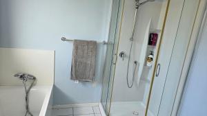 a shower with a glass door in a bathroom at Te Anga Farmstay in Te Kuiti +34 photos