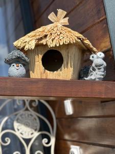 Una casa para pájaros con dos búhos disecados en un estante. en Freya Nordik Hill, en Mătişeşti