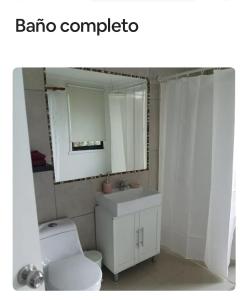 a bathroom with a toilet and a sink and a mirror at Cabaña Bosque cerca playas in Valdivia