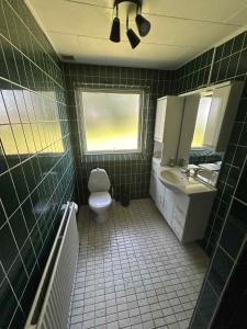 Un baño con inodoro, lavabo y ventana. en Fiskesøens Hus - Lige ud til vandet - Sø & Å, en Bylderup-Bov
