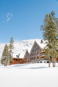 a large building in the snow with trees at Swiss Family Chalet in Andermatt