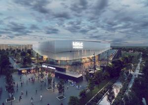 a rendering of a big arena with people outside of it at L'ôNelTa in Chassieu