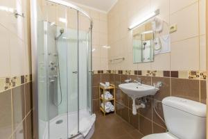 ein Badezimmer mit Dusche, Toilette und Waschbecken in der Unterkunft Hotel Wilhelm in Prag + 12 Fotos