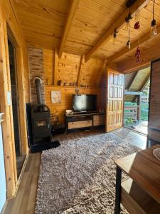 ein Wohnzimmer mit Holzofen in einer Hütte in der Unterkunft Monte Casa Sarajevo in Šuštići