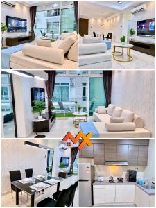a collage of four pictures of a living room at KSL City Mall 6-20pax Private Lift-Netflix-SmartTV 70inch in Johor Bahru