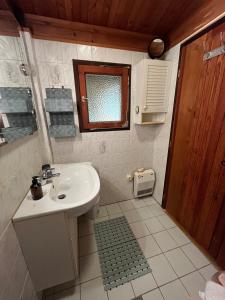 a small bathroom with a sink and a window at Natur pur, Haus mit großen Garten am Wald in Langendorf