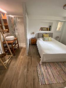 a bedroom with a bed and a bathroom with a shower at Between city and countryside in Maisons-Laffitte