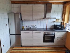 a kitchen with a stainless steel refrigerator and a sink at F3 Morteau in Morteau