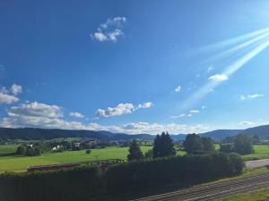 a view of a green field with a train at F3 Morteau in Morteau +1 photo