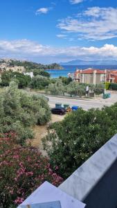 a view of a street and a road with flowers at Endless Blue Seaview in Paleo Tsifliki