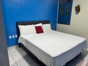 a blue bedroom with a bed with a red pillow at Alugo andar inteiro de casa para a COP30 in Ananindeua
