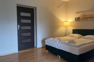 ザブジェにあるApartamenty Zabrze-Zaborze 11のベッドルーム1室(ベッド1台、黒いドア付)