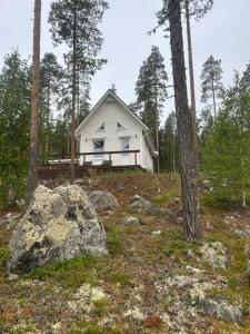 a small white house in the middle of a forest at Stuga i Storklinten in Boden