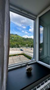 a window with a stuffed animal sitting on a window sill at Magnifique appartement centre ville de Besançon in Besançon +7 photos