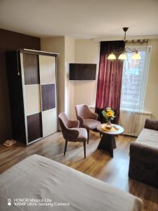 a living room with a bed and a table and chairs at Sunce in Ribarska Banja